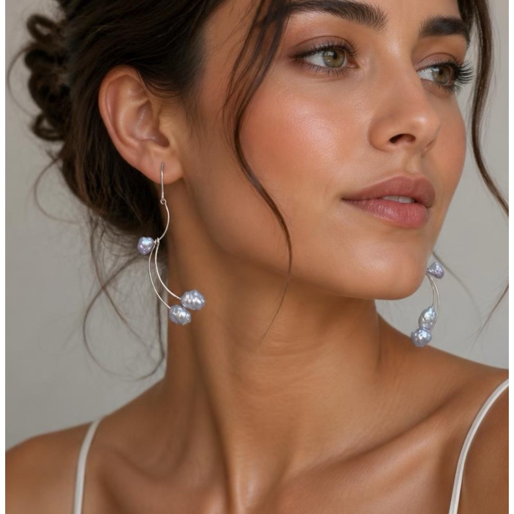 Vintage 1990s Lavender Grey Baroque Pearl Double Arc Dangle Earrings Silver Tone